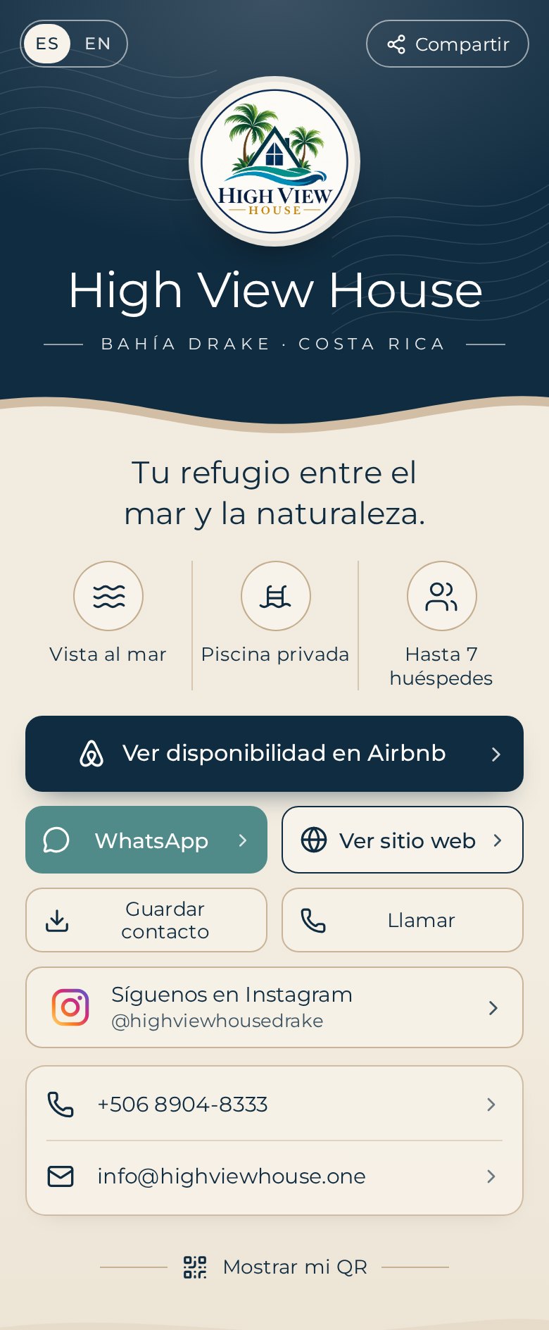 Tarjeta interactiva de High View House con botones de Airbnb, WhatsApp, sitio web, llamada e Instagram