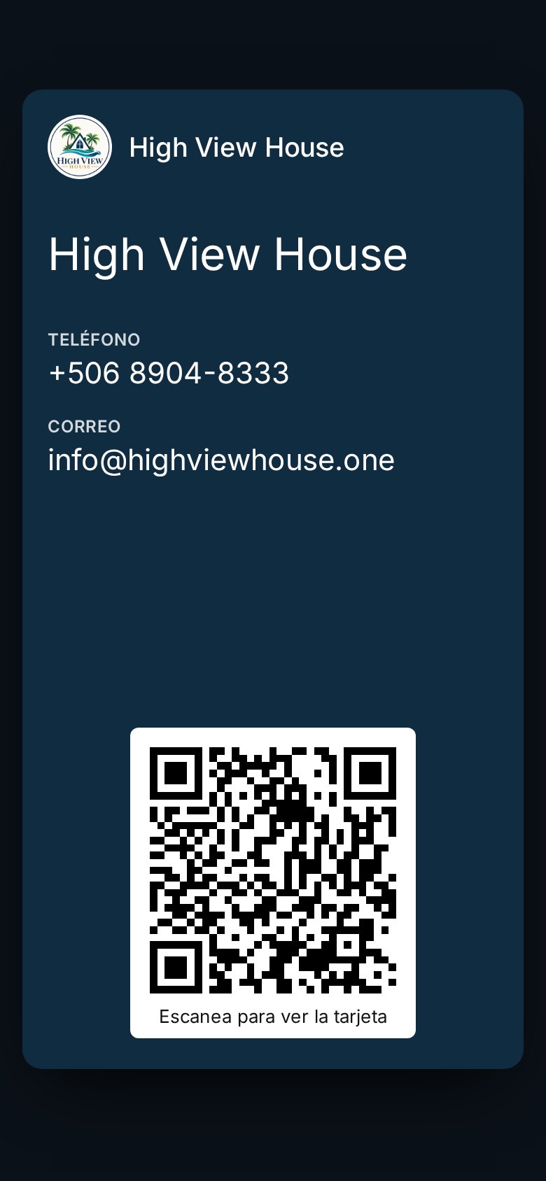 Pase Wallet de High View House con teléfono, correo y un código QR que abre la tarjeta
